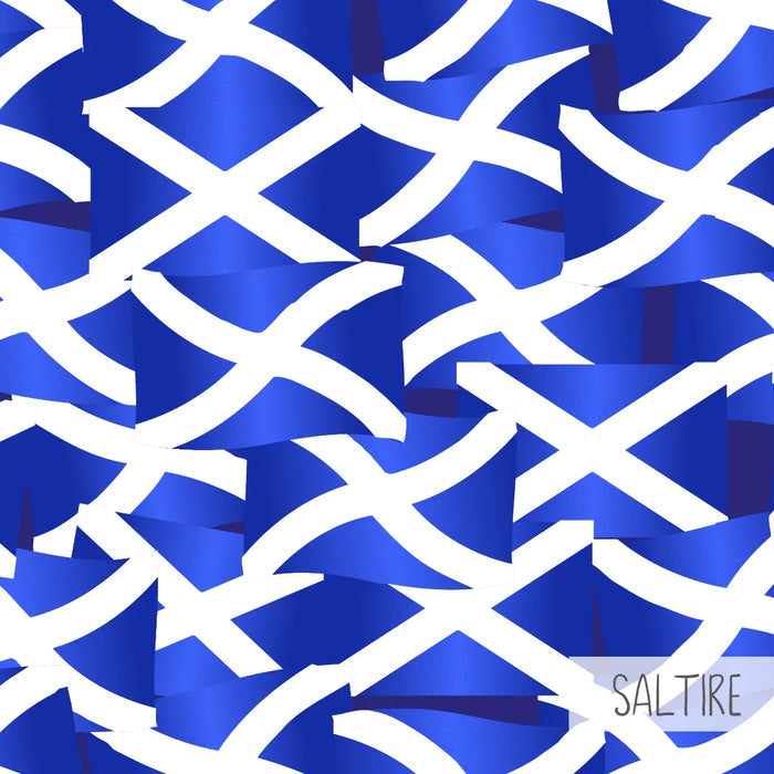 Pattern of multiple waving blue flags with white diagonal crosses, labeled Saltire