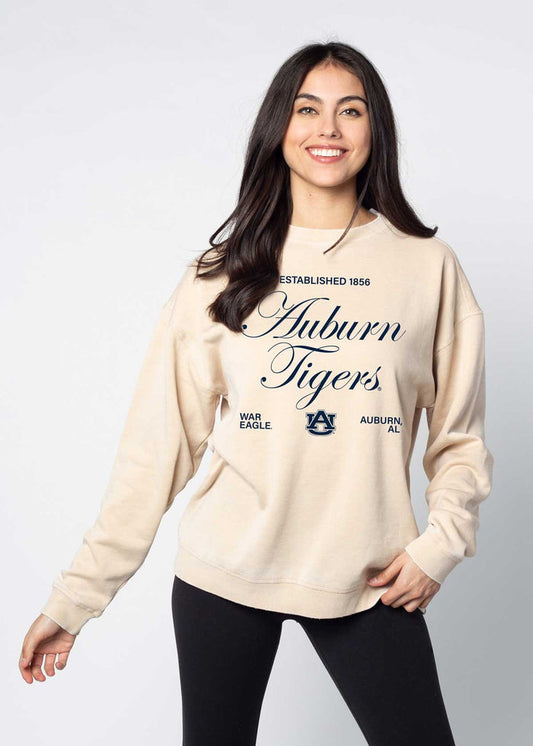 Auburn Tigers Unisex Oatmeal Oversized Burnout fleece Sweatshirt with Ribbed crew neckline, cuffs, hem, dropped shoulders and relaxed bottom hem