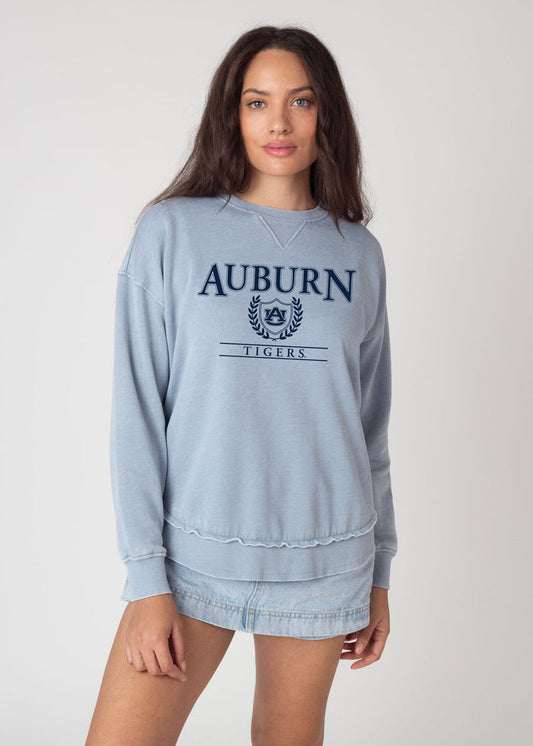 Auburn Tigers Women's Faded-Denim Relaxed Burnout fleece Sweatshirt with crew neck, dropped shoulders and hi-lo curved hem