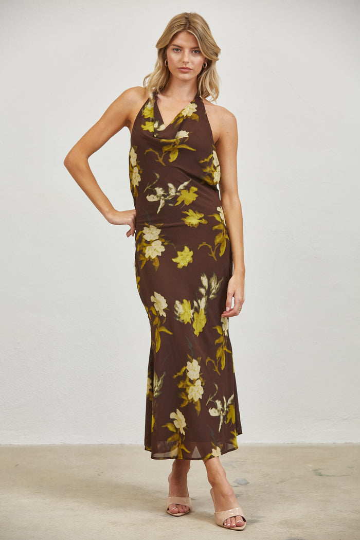 Autumn Bloom Open Back Halter Midi Dress