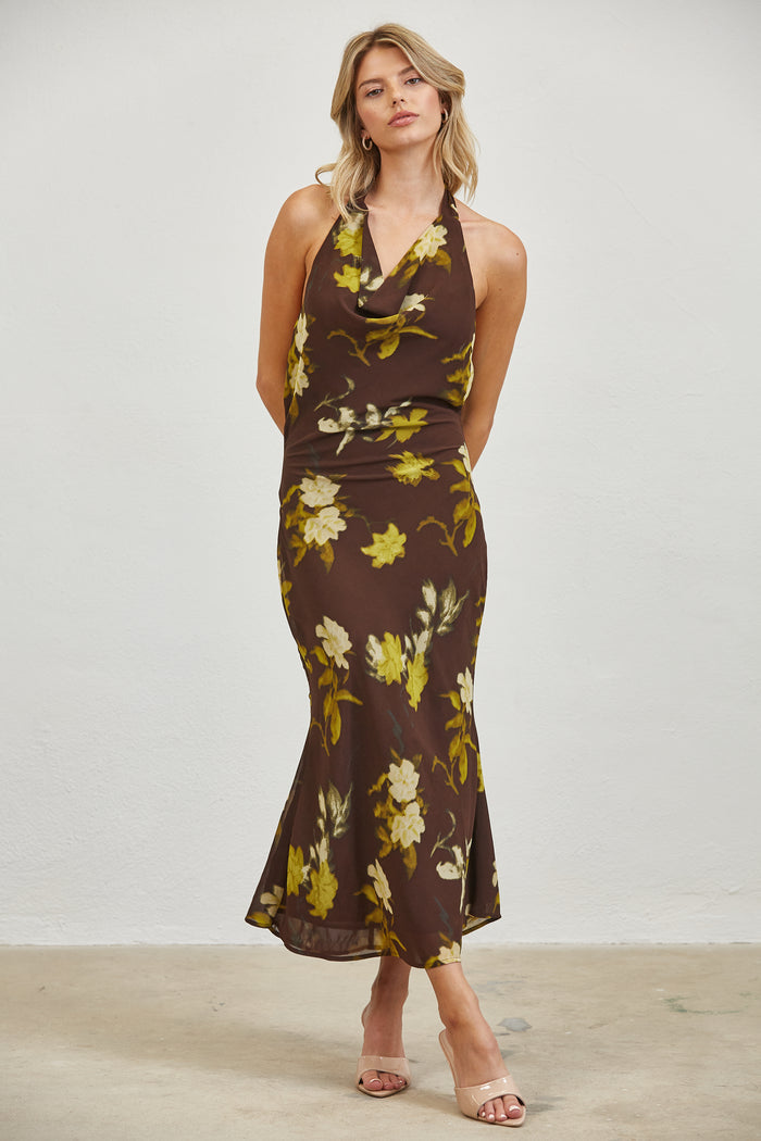 Autumn Bloom Open Back Halter Midi Dress