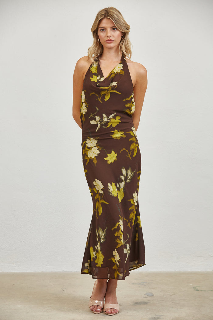 Autumn Bloom Open Back Halter Midi Dress