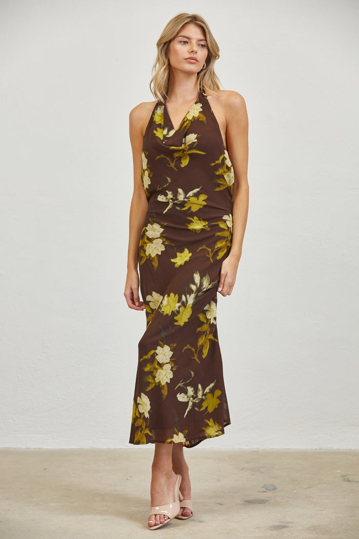 Autumn Bloom Open Back Halter Midi Dress