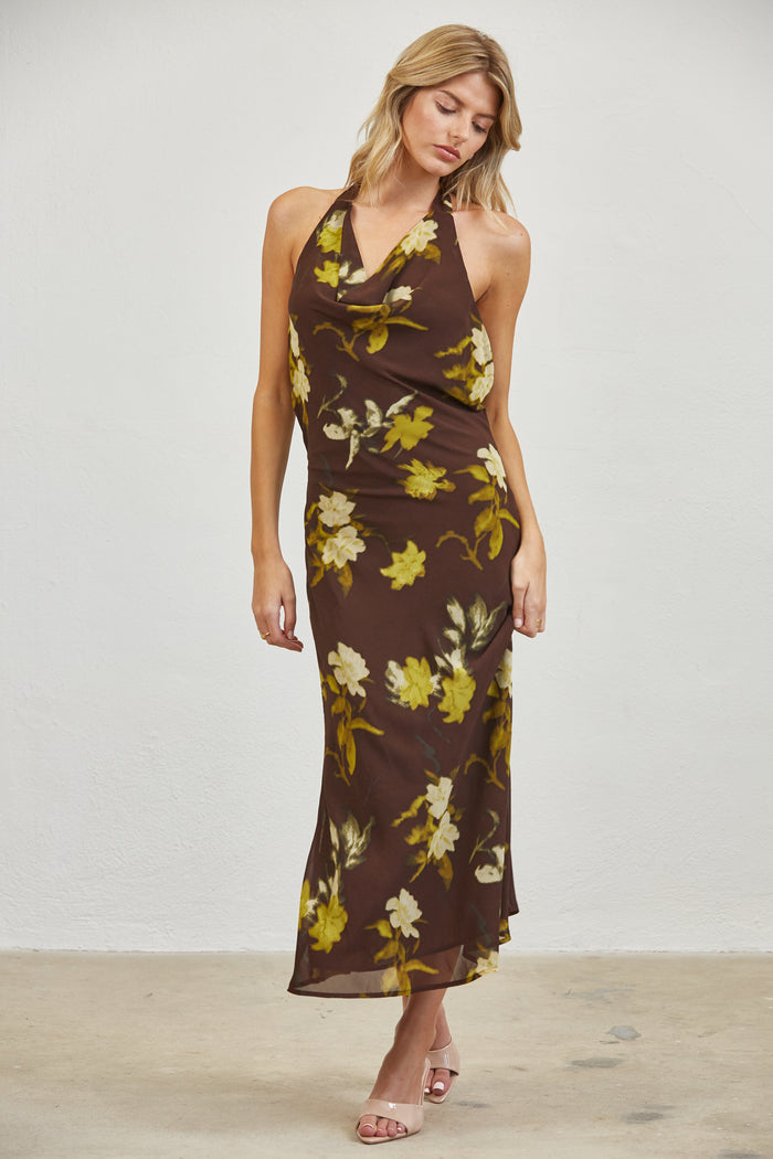 Autumn Bloom Open Back Halter Midi Dress