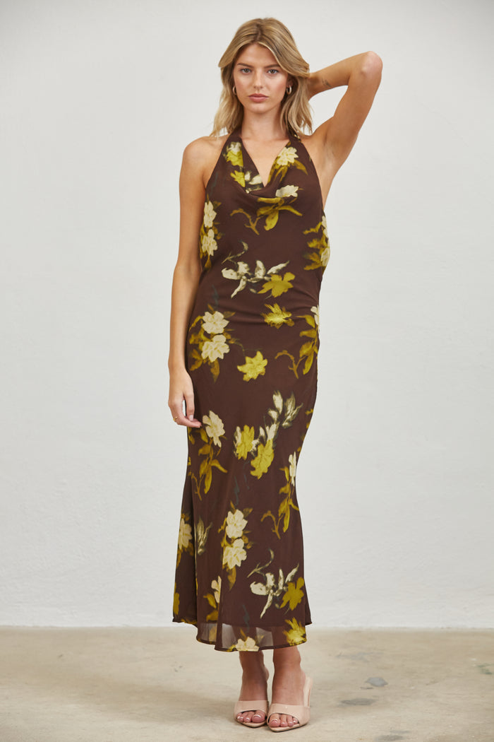 Autumn Bloom Open Back Halter Midi Dress