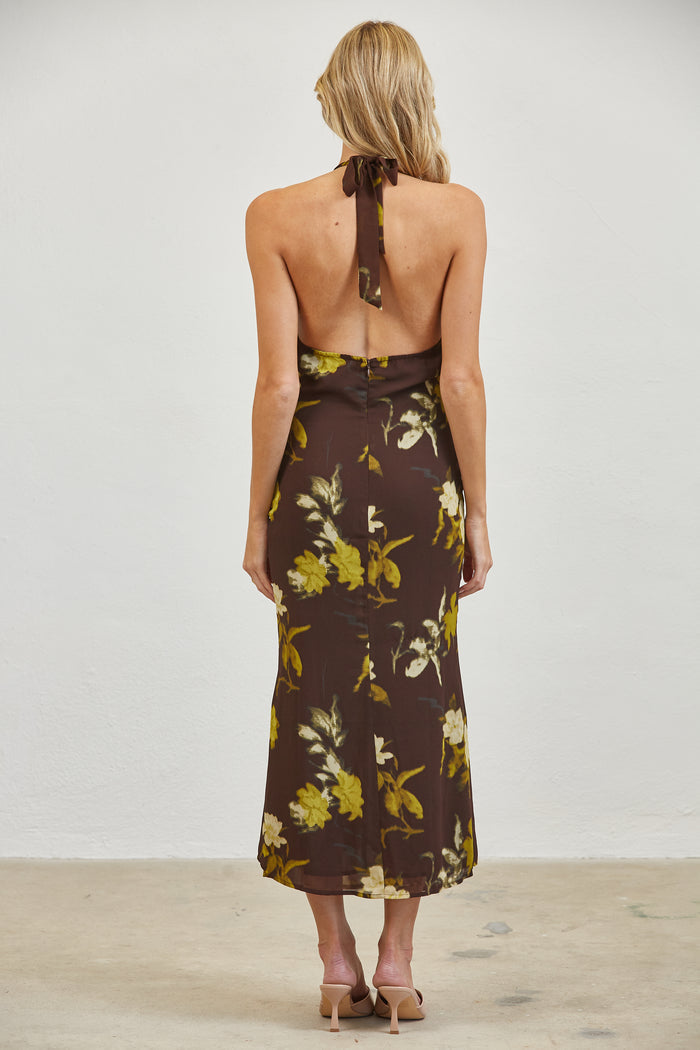 Autumn Bloom Open Back Halter Midi Dress