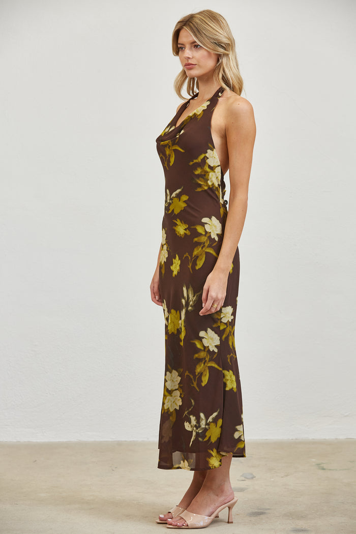 Autumn Bloom Open Back Halter Midi Dress