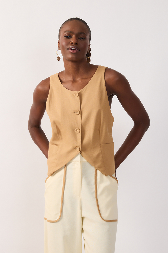 Back Ties Buttoned Sleeveless Vest_2