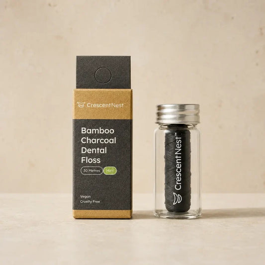 Crescent Nest bamboo charcoal dental floss packaging and reusable glass jar