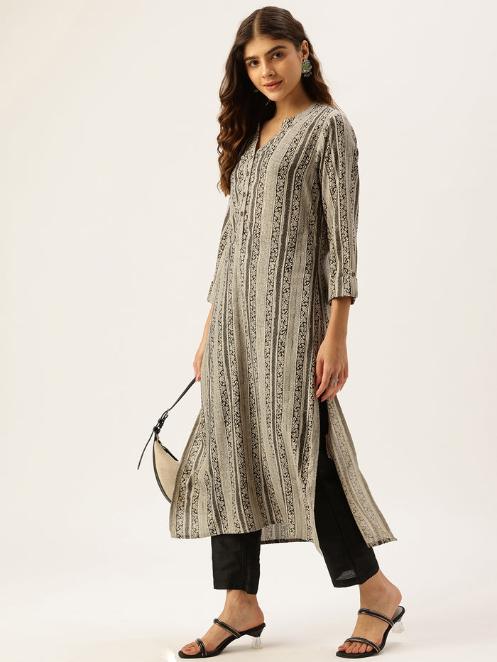 Beige & Black Ethnic Motifs Printed Kurta