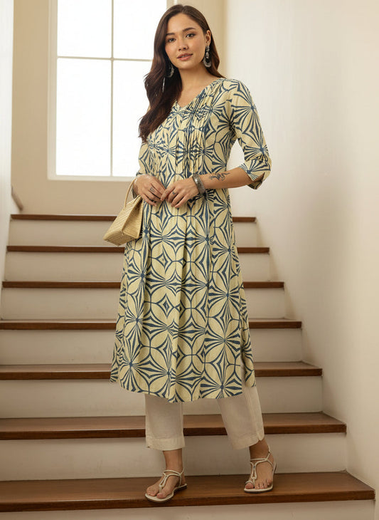 Beige & Blue Abstract Printed Kurta, Princess Cur Kurta, A-Line Kurta, Abstract Print, V neck kurta, printed kurta