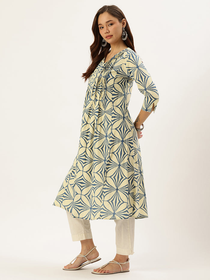 Beige & Blue Abstract Printed Kurta, Princess Cur Kurta, A-Line Kurta, Abstract Print, V neck kurta, printed kurta