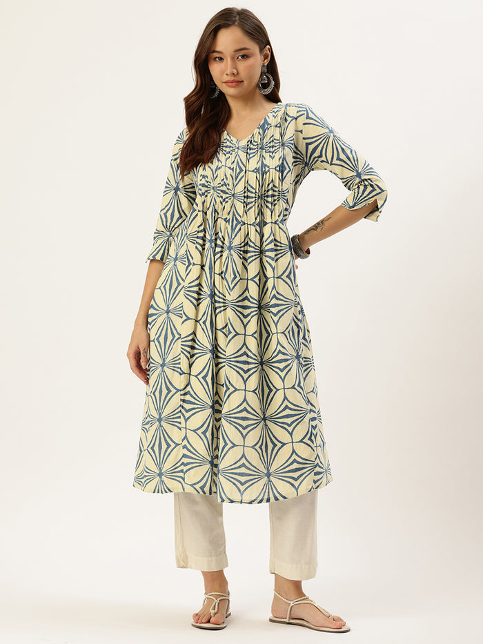 Beige & Blue Abstract Printed Kurta, Princess Cur Kurta, A-Line Kurta, Abstract Print, V neck kurta, printed kurta