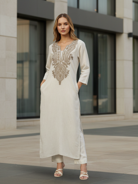 Beige Floral Embroidered Kurta, Floral Embroidered Kurta