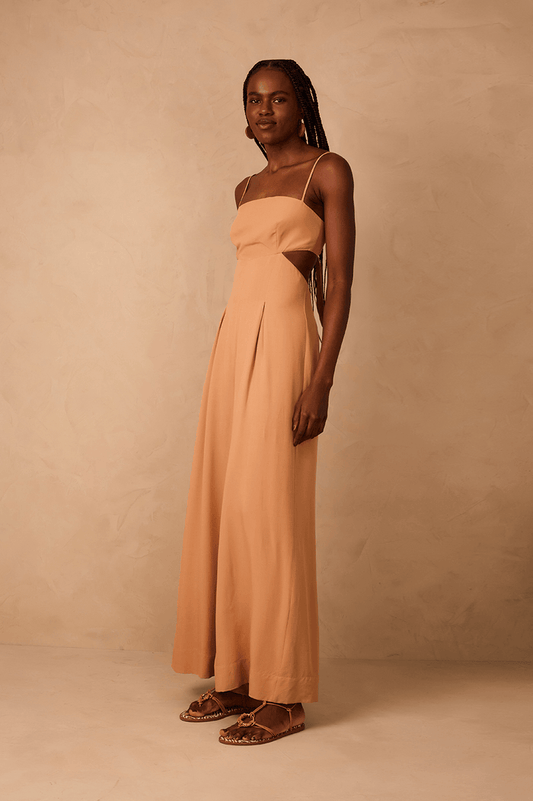 Beige Leme Cut-Out Sleeveless Pleats Back Ties Jumpsuit_1