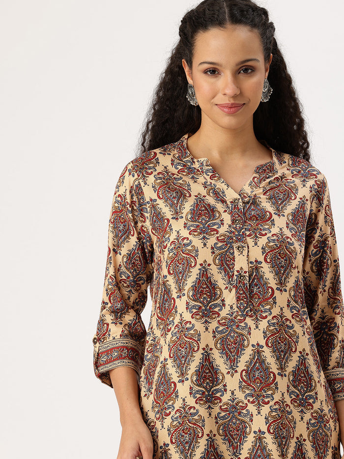 Beige Printed Straight Kurta