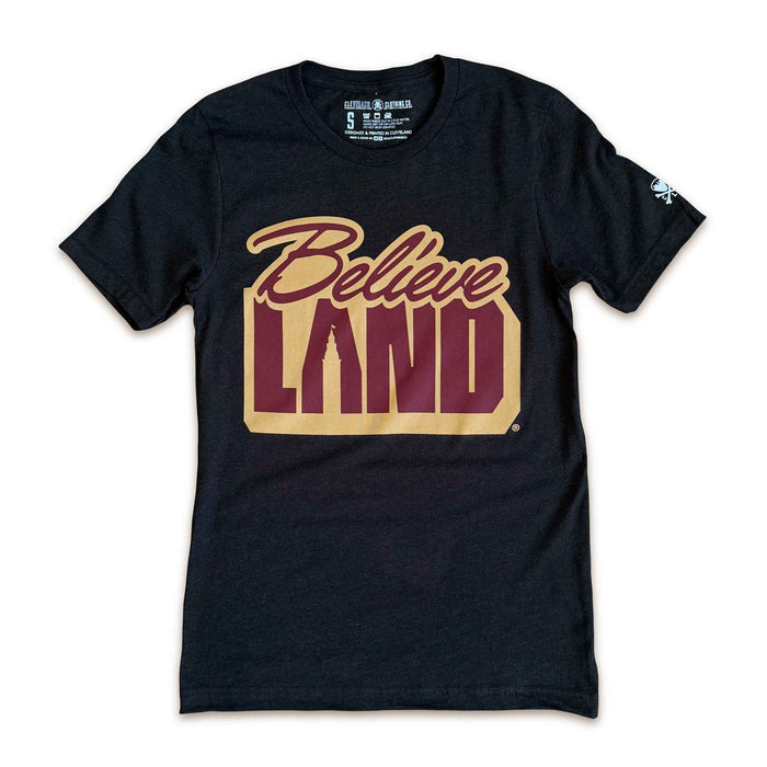 Black t-shirt with 'Believe Land' graphic design on a white background