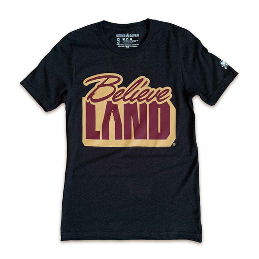 Black t-shirt with 'Believe Land' graphic design on a white background