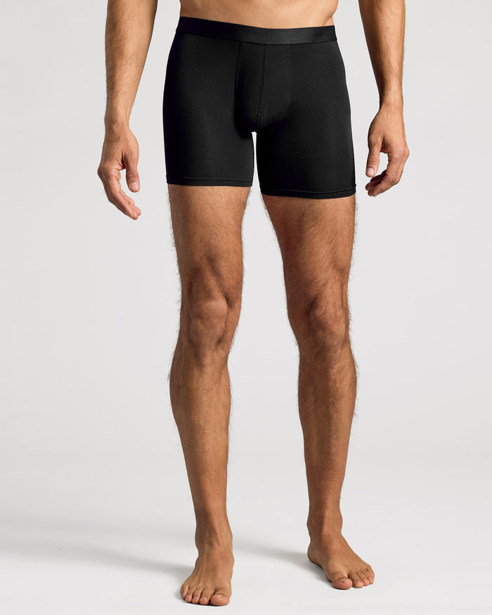 Black Boxer Brief with flyless 3D pouch and elastic waistband.