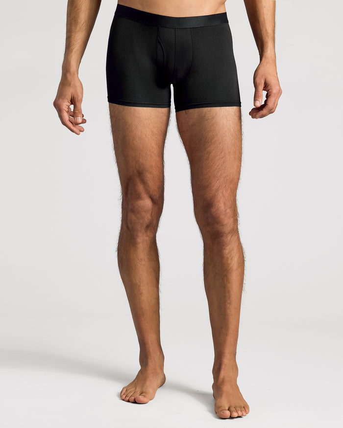 Black Boxer Trunks W/ Fly 3-Pack on male model, barefoot backdrop.