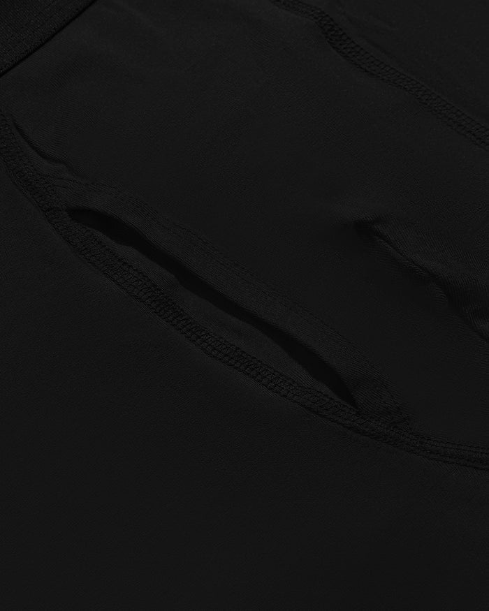 Black Boxer Trunks W/ Fly 3-Pack close-up, showing stretch fabric and fly seam.