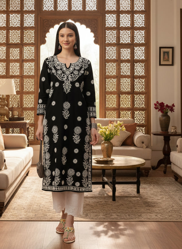 Black Floral Embroidered Thread Work Kurta, Embroidered Print, Mandarin Collar kurta, printed kurta