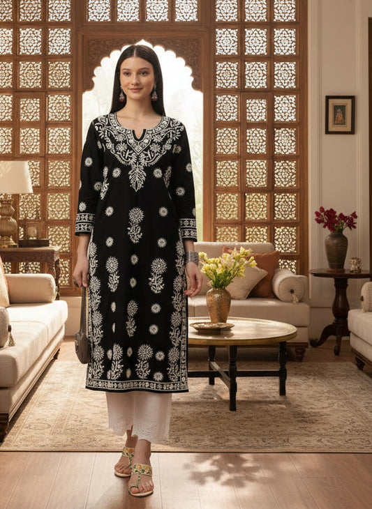 Black Floral Embroidered Thread Work Kurta, Embroidered Print, Mandarin Collar kurta, printed kurta