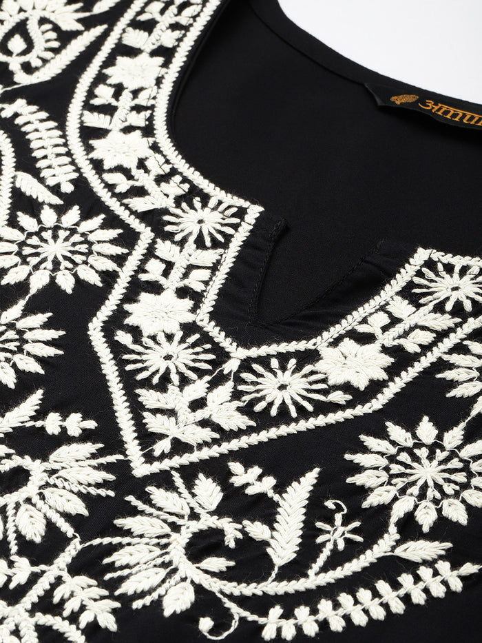 Black Floral Embroidered Thread Work Kurta, Embroidered Print, Mandarin Collar kurta, printed kurta