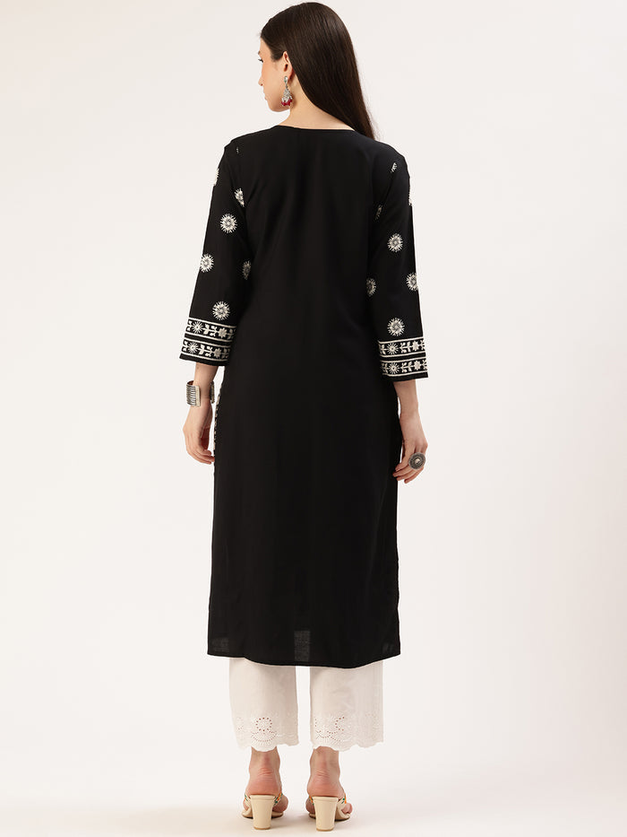 Black Floral Embroidered Thread Work Kurta, Embroidered Print, Mandarin Collar kurta, printed kurta