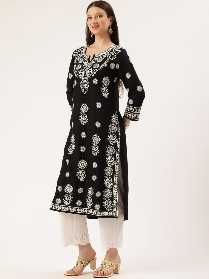 Black Floral Embroidered Thread Work Kurta, Embroidered Print, Mandarin Collar kurta, printed kurta