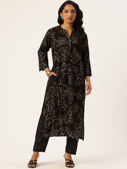 Black Floral Printed Kurta, Floral Print, Mandarin Collar kurta, printed kurta, Straight Kurta