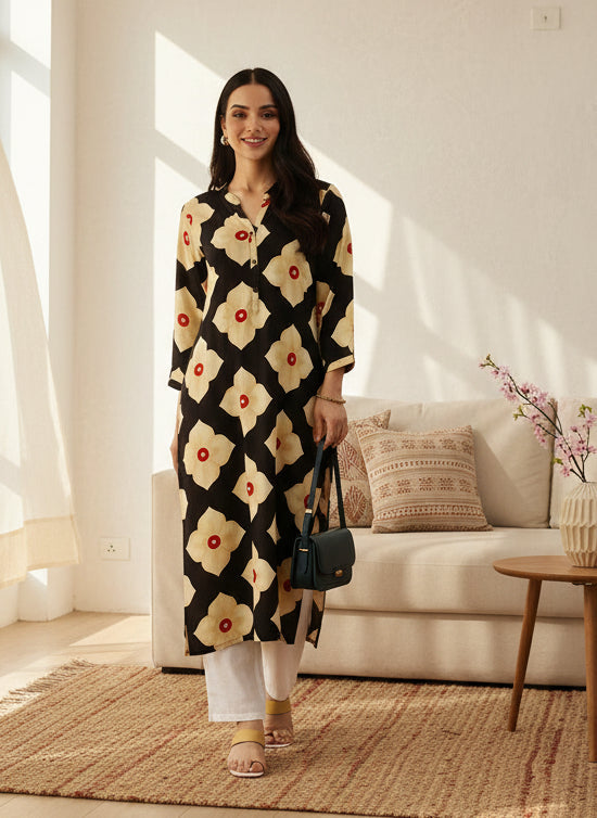 Black Floral Printed Kurta, Floral Print, Mandarin Collar kurta, printed kurta
