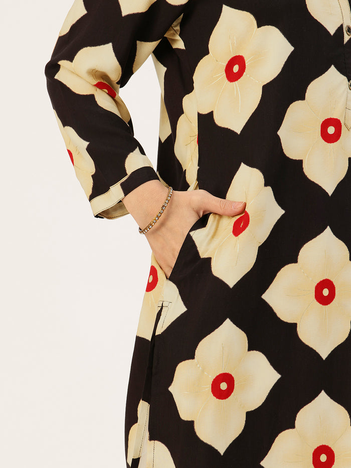 Black Floral Printed Kurta, Floral Print, Mandarin Collar kurta, printed kurta