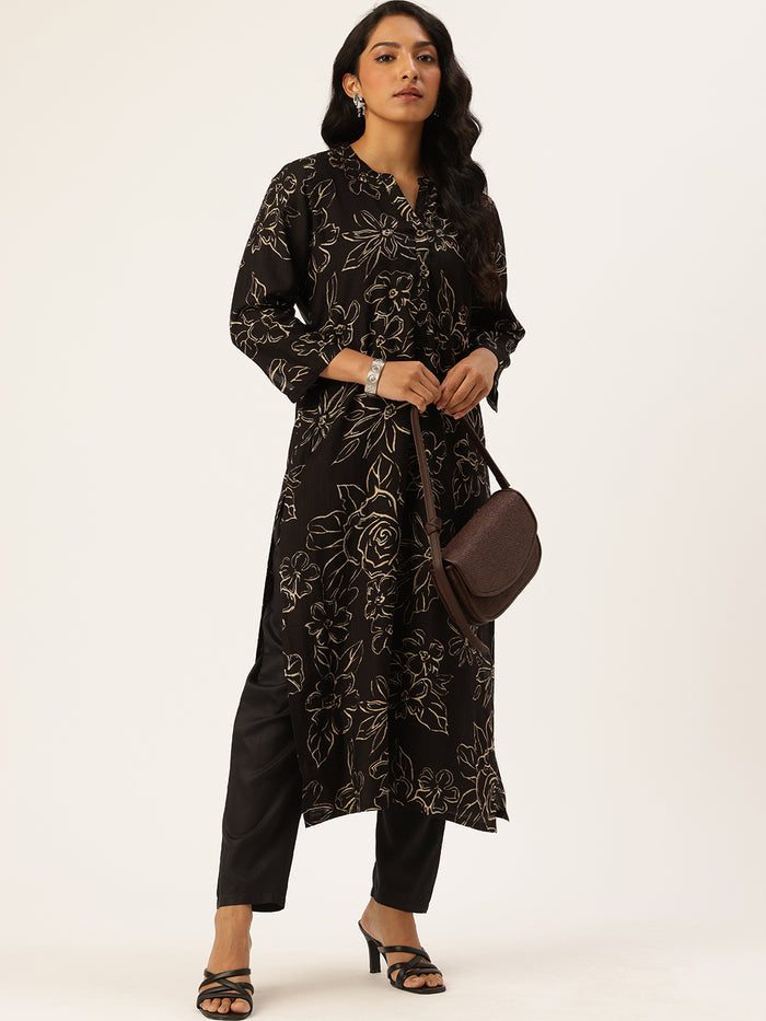 Black Floral Printed Kurta, Floral Print, Mandarin Collar kurta, printed kurta, Straight Kurta
