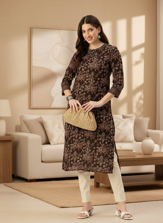 Black Floral Printed Mandarin Collar Pure Cotton Kurta, Kurta, Kurtis, Brown kurta