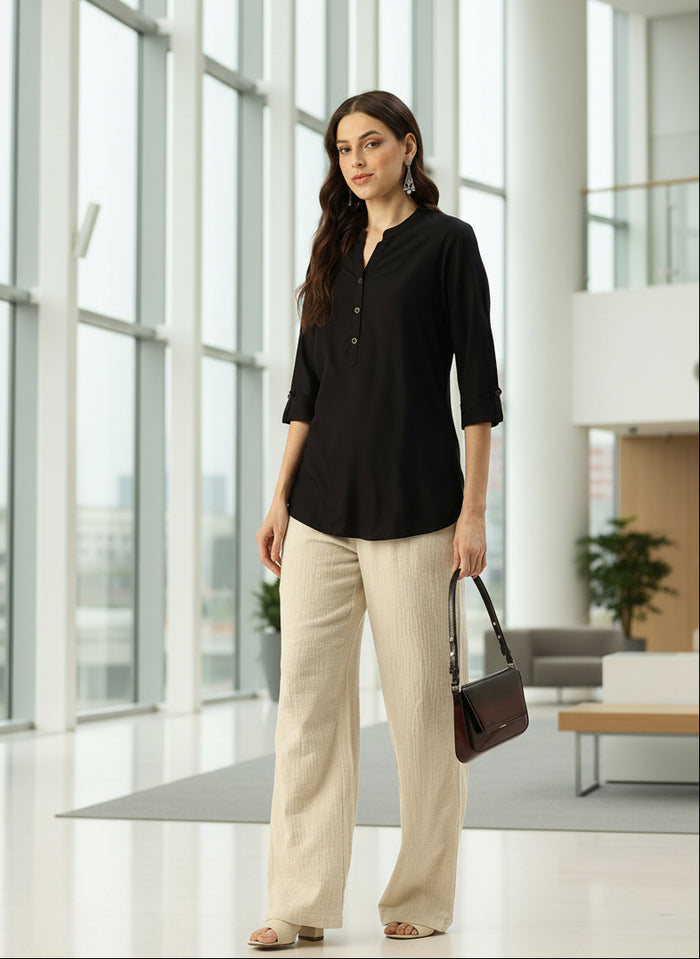 Black Mandarin Collar Tunic,  mandarin collar Tunic, casual wear Tunic, women’s tunic, Office Wear Tunic