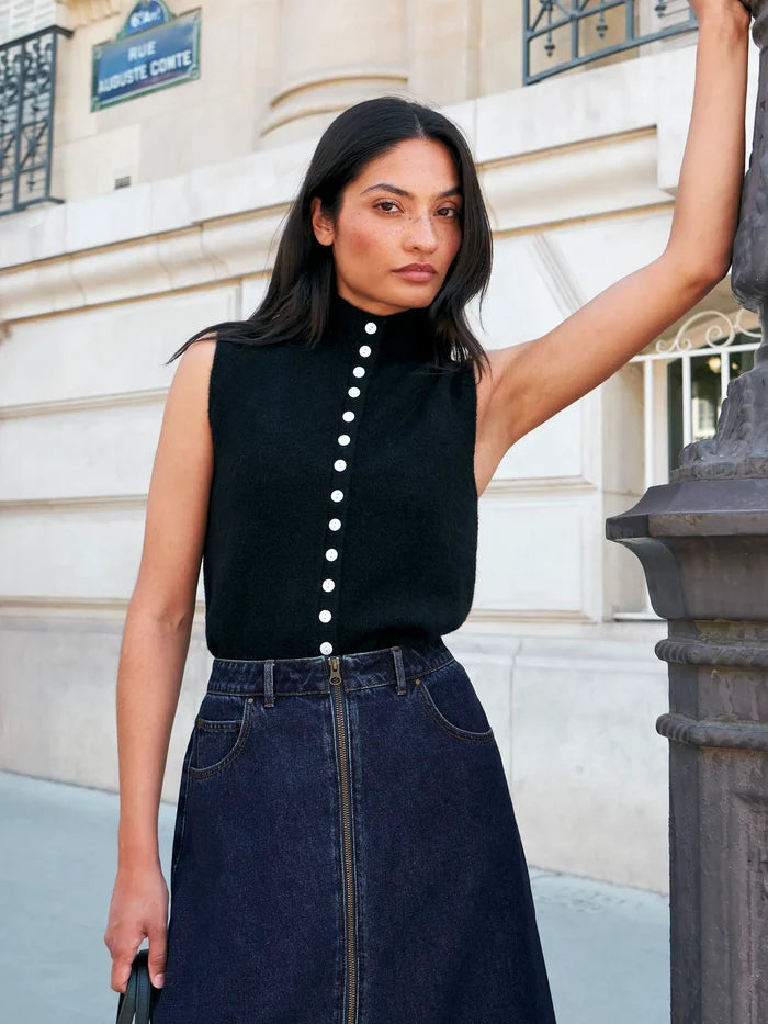 Black Pearl Button Through Knit Top With Wool And Alpaca