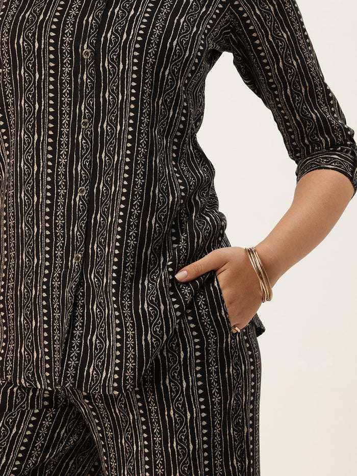 Black Stripe Printed Co-Ords, floral Printed Co-Ords Set, Stripe Printed Palazzos Set, printed co-ords, Stripe printed, co-ord set, Shirt and palazzo set, women’s co-ords, elegant co-ords, two-piece set