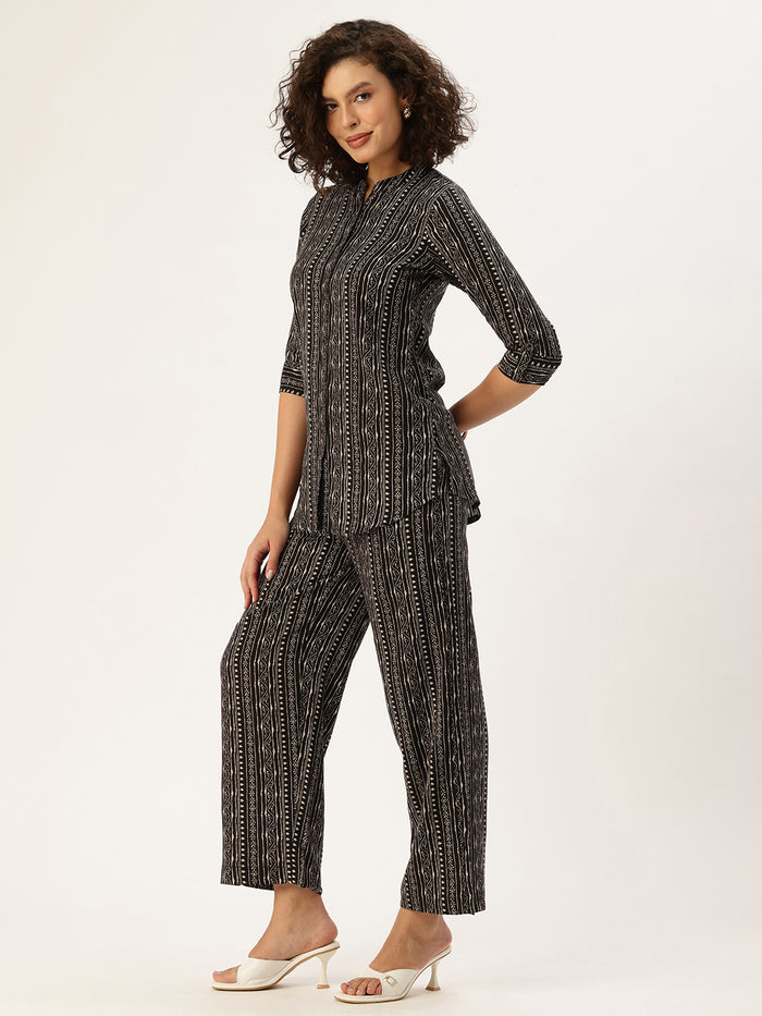 Black Stripe Printed Co-Ords, floral Printed Co-Ords Set, Stripe Printed Palazzos Set, printed co-ords, Stripe printed, co-ord set, Shirt and palazzo set, women’s co-ords, elegant co-ords, two-piece set
