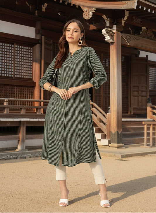 Black Striped A-Line Kurta, Princess Cur Kurta, A-Line Kurta, Striped Print, Mandarin Collar kurta, printed kurta