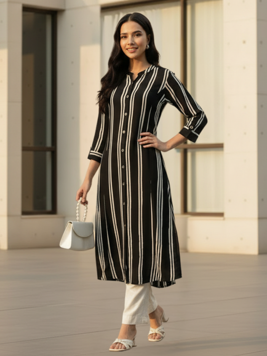 Black Striped Mandarin Collar Kurta