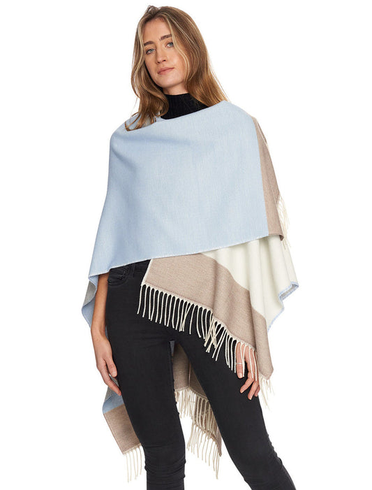 Block Check Fringed Shawl - Cream Blue Natural #color_cream-blue-natural