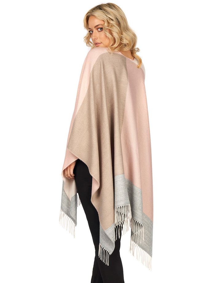 Block Check Fringed Shawl - Pink Beige #color_pink-beige