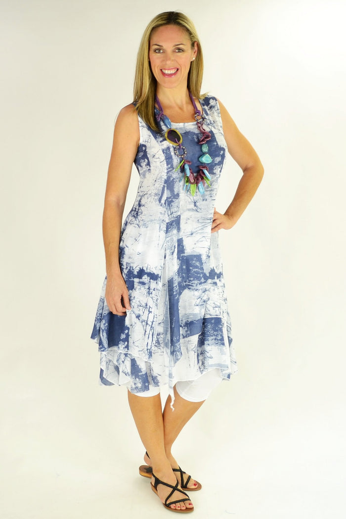 Blue grey Whispers Mandy tunic with long sleeves and a relaxed fit, displayed on a hanger.