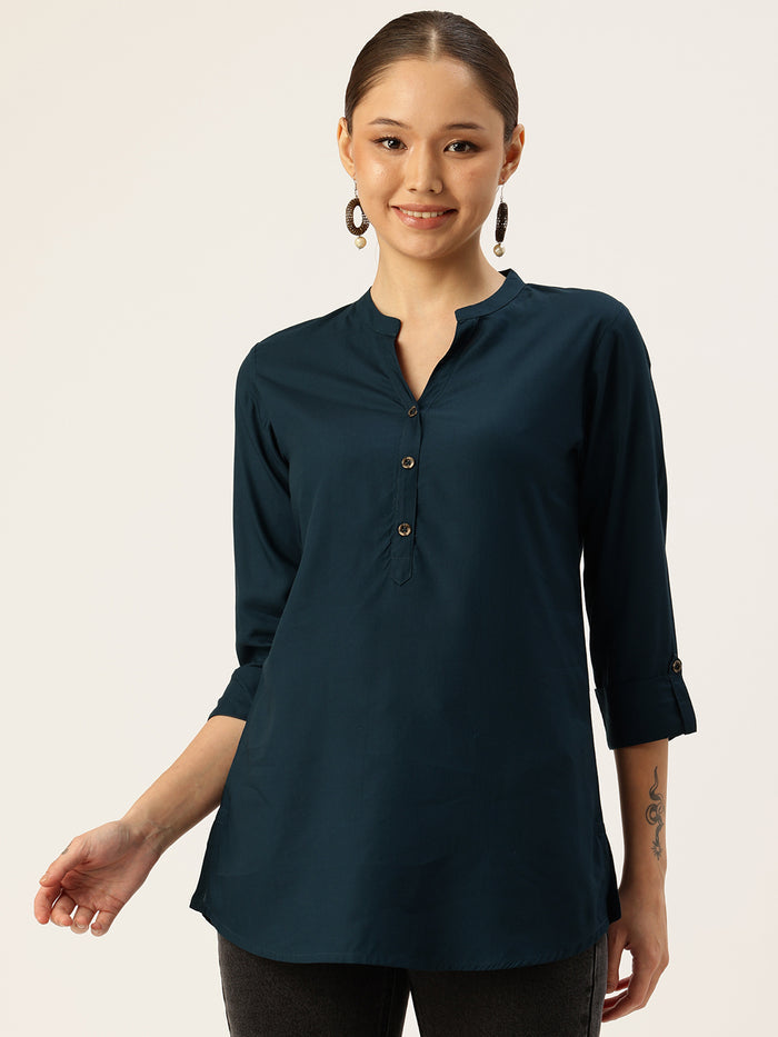 Blue Mandarin Collar Tunic, mandarin collar Tunic, casual wear Tunic, women’s tunic, Office Wear Tunic