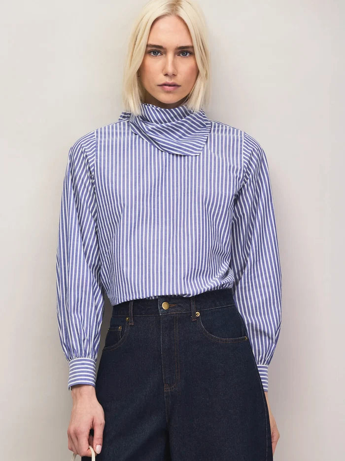 Blue stripe cotton shirt with scarf neckline.