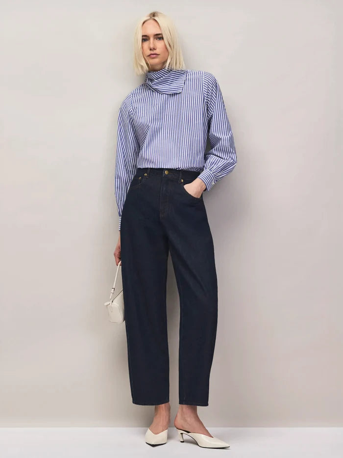 Blue stripe cotton shirt with scarf neckline.
