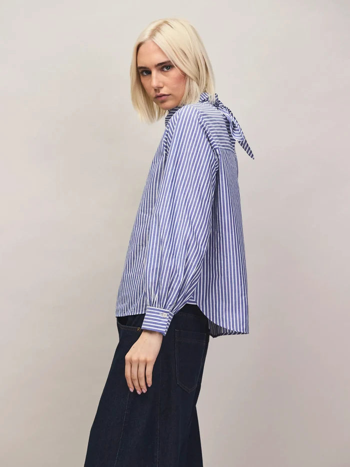 Blue stripe cotton shirt with scarf neckline.
