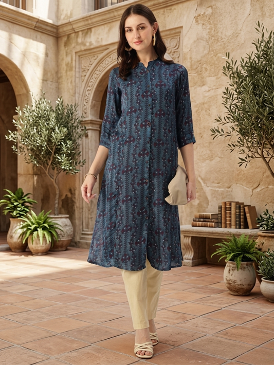 Blue Striped Mandarin Collar A-Line Kurta, Blue Color Kurta, A-line Kurta, Collar Neck Kurta, Printed Kurta