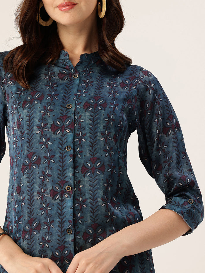 Blue Striped Mandarin Collar A-Line Kurta